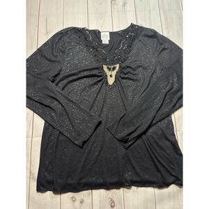 Vintage Fashion Bug Y2K Butterfly Lace Black Sparkly Blouse XL Long Sleeve